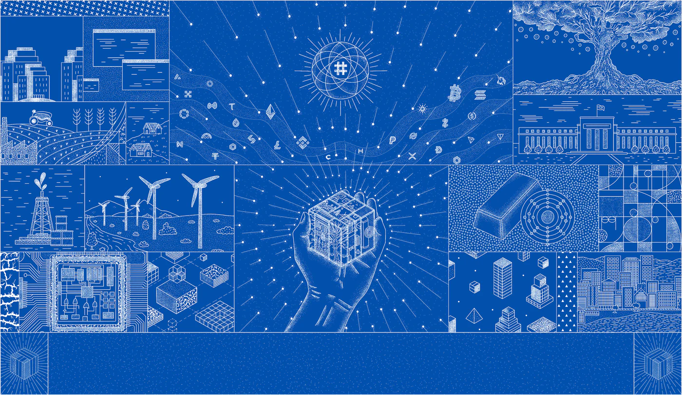 Blueprint mural of the world’s assets converging into a single tokenized cube